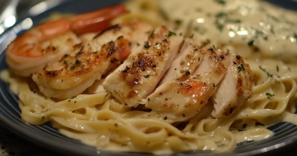 Creamy chicken and shrimp alfredo pasta with grilled chicken, shrimp, and fettuccine in a rich Alfredo sauce.