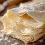 A stack of thin, gluten-free filo pastry sheets dusted with flour on a wooden surface.