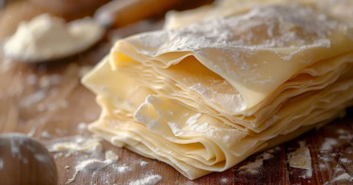 A stack of thin, gluten-free filo pastry sheets dusted with flour on a wooden surface.