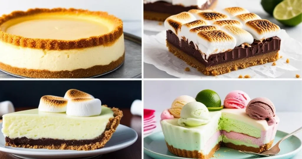 A collage of four delicious desserts made with a gluten-free graham cracker crust, including cheesecake, s'mores bars, key lime pie, and an ice cream pie.