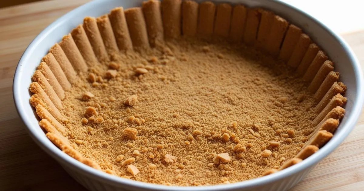 Gluten-free graham cracker crust in a white pie dish, ready for filling.