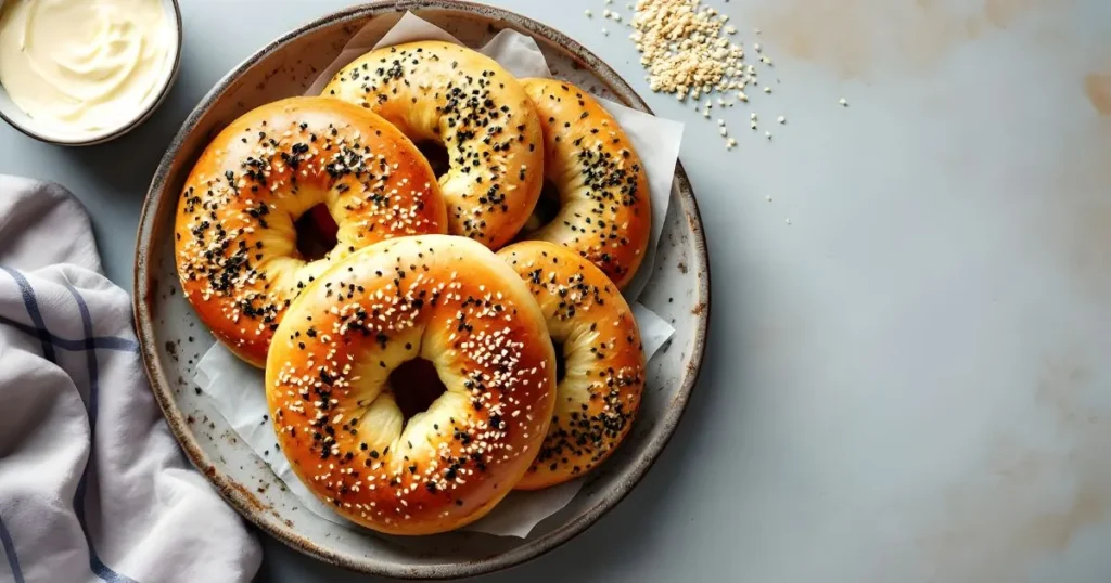 A plate of golden-brown gluten free bagel topped with black and white sesame seeds, served with a side of creamy spread.