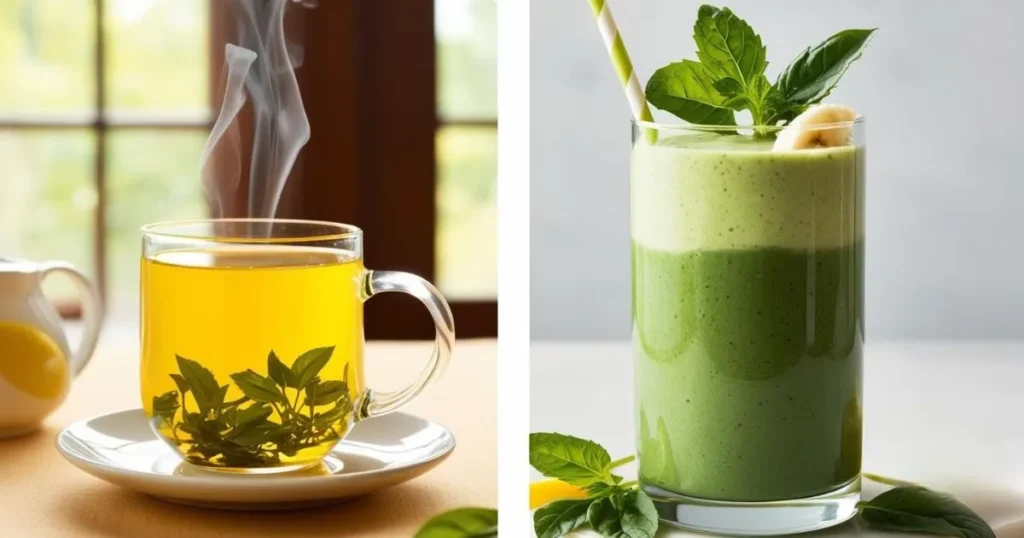 Two healthy drinks made with lemon balm for weight loss: a steaming cup of lemon balm tea with fresh leaves in a glass mug on the left, and a creamy green lemon balm smoothie garnished with mint and banana on the right, both on a bright, natural background.