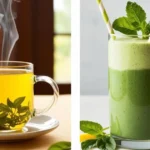 A steaming cup of lemon balm tea on the left and a green lemon balm smoothie on the right, both promoting weight loss and wellness.