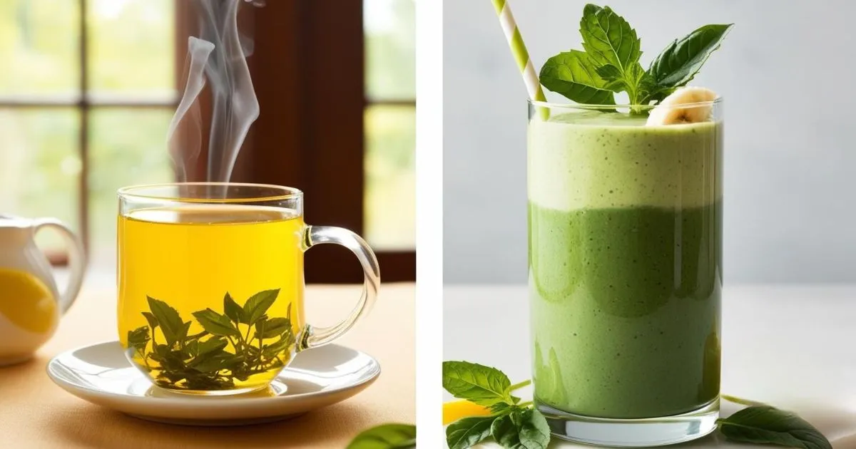 A steaming cup of lemon balm tea on the left and a green lemon balm smoothie on the right, both promoting weight loss and wellness.