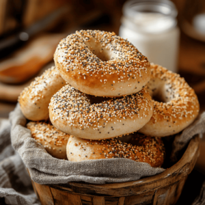 Fresh gluten free bagels in rustic basket with sesame and seasoning