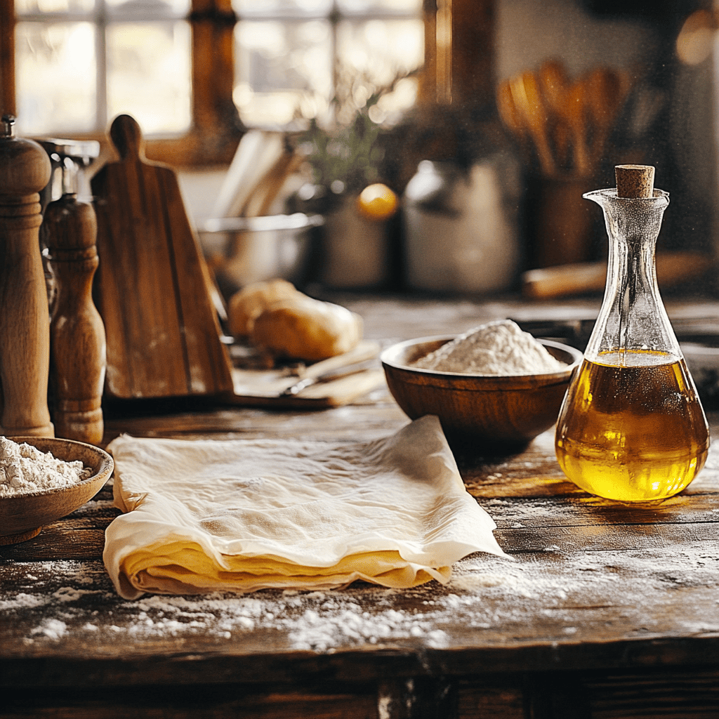 Gluten free filo pastry sheets rolled out in a cozy home kitchen