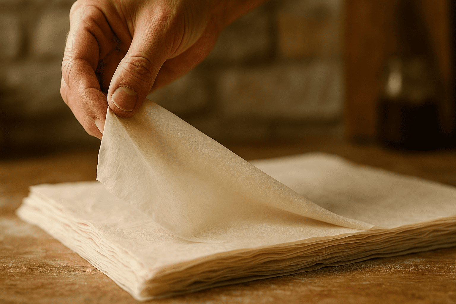 Gluten free filo pastry sheet delicately lifted by a hand in a warm kitchen, fine and realistic texture.