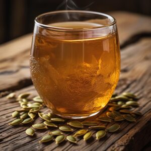 A cozy close-up of a glass mug filled with pumpkin seed tea, with pumpkin seeds scattered on a rustic wooden table