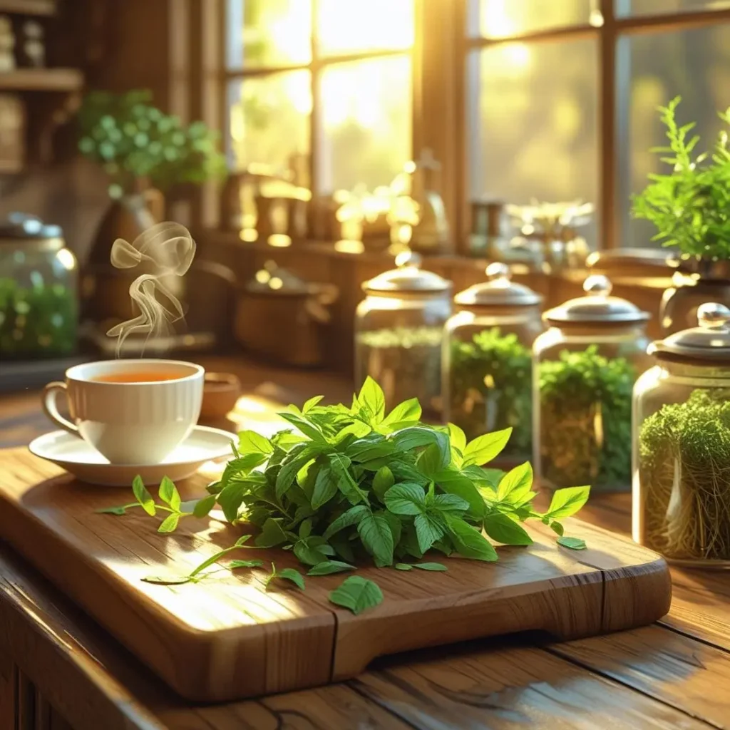Drying lemon balm leaves for tea in a cozy home kitchen