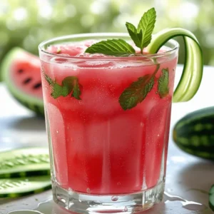 Glass of crimson sweet watermelon cucumber juice with mint