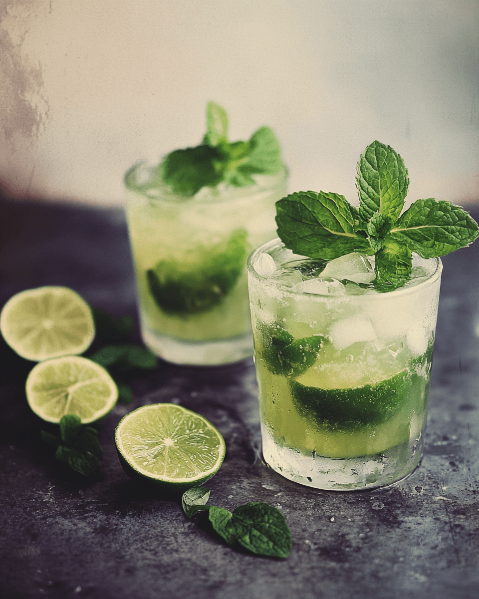 Two homemade mojito mocktails drink in short glasses, filled with crushed ice, lime wedges, and fresh mint sprigs, placed on a dark rustic surface with sliced limes and mint leaves.