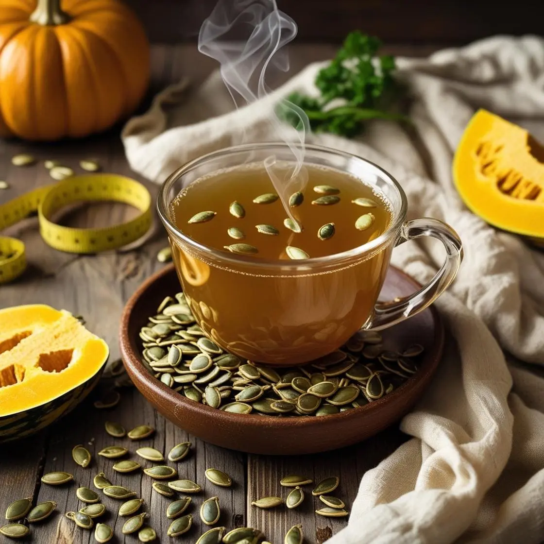 A steaming cup of pumpkin seed tea for weight loss sits on a rustic wooden table, surrounded by pumpkin seeds, slices of pumpkin, a linen cloth, and a yellow measuring tape, evoking a cozy and healthy autumn atmosphere.