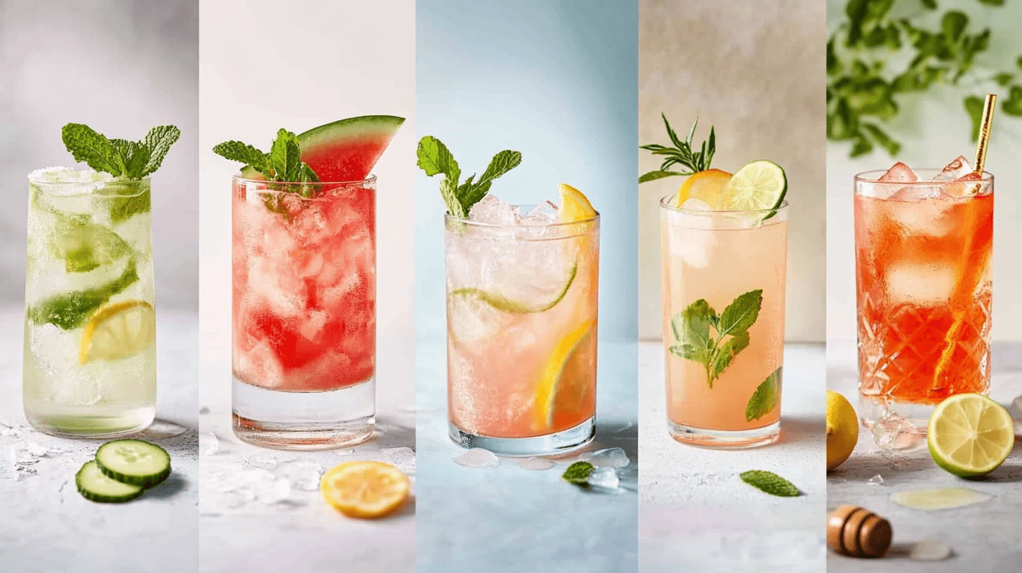 A realistic collage of six healthy mocktails in clear glasses, each garnished with fresh fruit and herbs, on a bright pastel background—refreshing non-alcoholic summer drinks for wellness and hydration