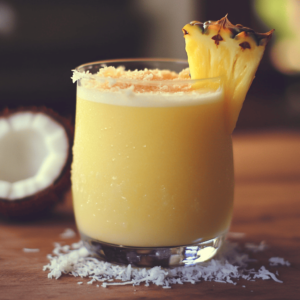 Coconut and Pineapple Mocktail Magic: A Guilt-Free Tropical Escape 3 Coconut and pineapple mocktail in a clear glass, garnished with a fresh pineapple wedge and shredded coconut, with a halved coconut in the background—refreshing tropical non-alcoholic drink.