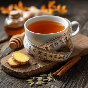 A white cup of pumpkin seed tea with a measuring tape wrapped around it, placed on a rustic wooden board with ginger slices, pumpkin seeds, a cinnamon stick, and honey in the background.