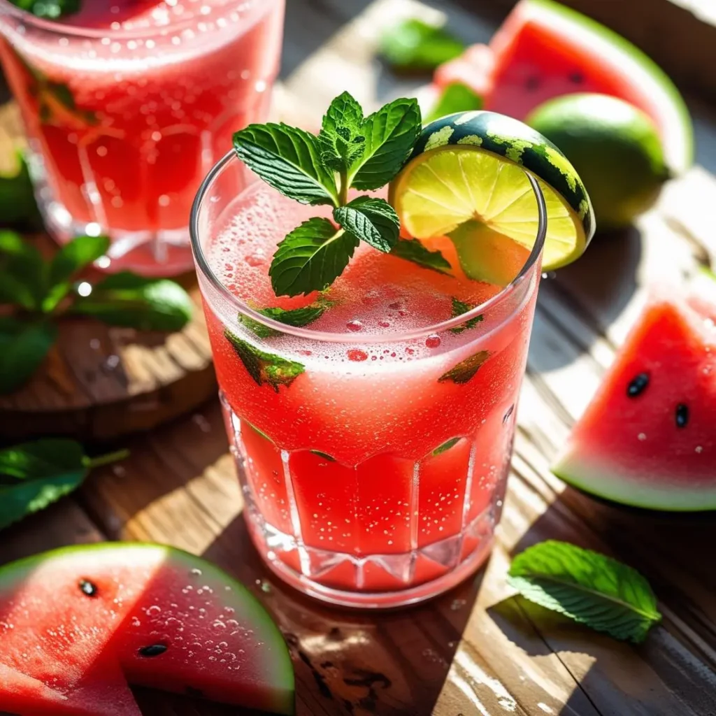 Watermelon Mint Refresher with fresh mint and lime on a rustic summer table