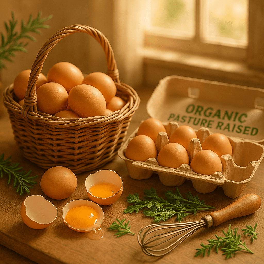 Rustic kitchen table with a basket of organic pasture raised eggs, some cracked open to reveal golden-orange yolks, surrounded by a labeled carton, fresh herbs, and a vintage whisk, bathed in warm morning sunlight through a farmhouse window.