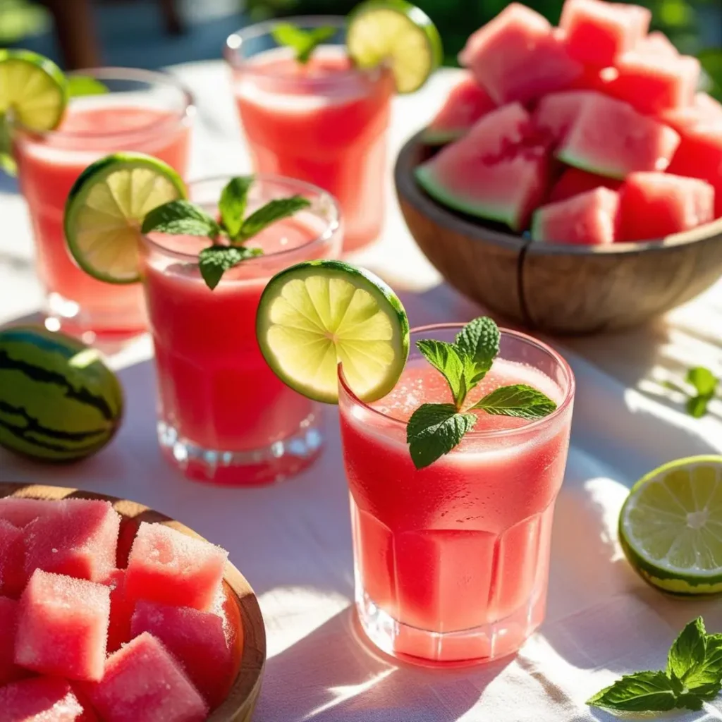 Several glasses of fresh watermelon juice garnished with mint leaves and lime slices, surrounded by bowls of watermelon cubes and limes on a sunlit table, illustrating How to Make Watermelon Juice.