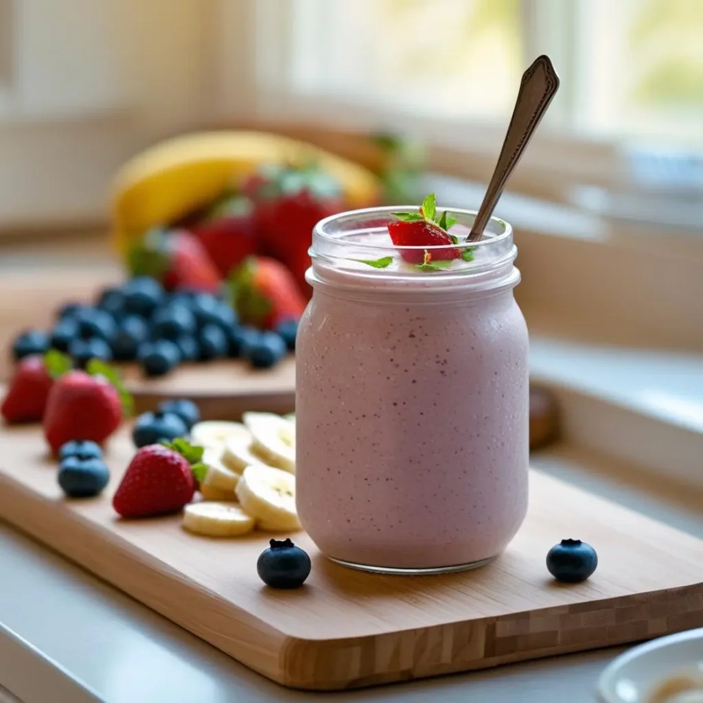 A mason jar filled with a pink Greek yogurt smoothie, garnished with a strawberry and mint, placed on a wooden cutting board surrounded by fresh strawberries, blueberries, and banana slices in a bright kitchen setting.