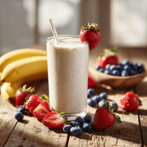 Greek yogurt smoothie in a tall glass with berries and banana