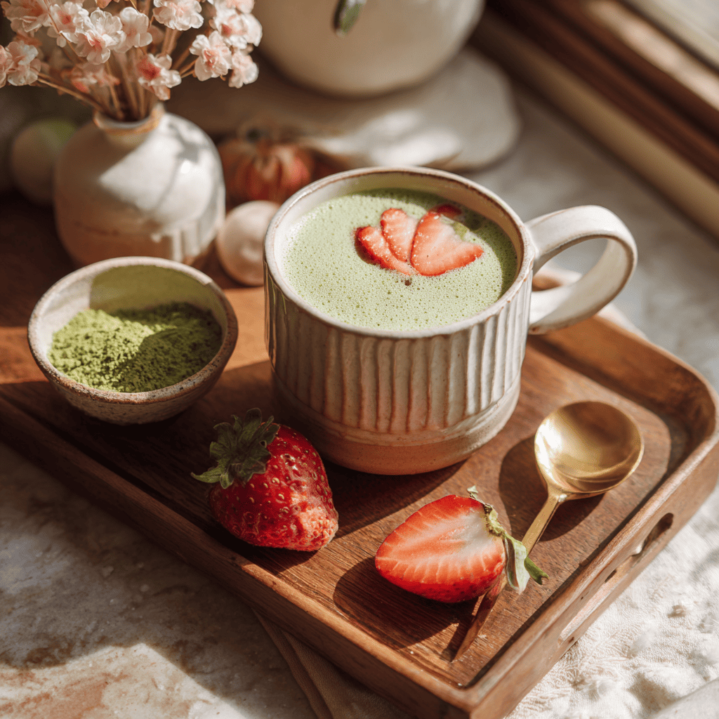Served strawberry matcha latte with strawberry and matcha pairings
