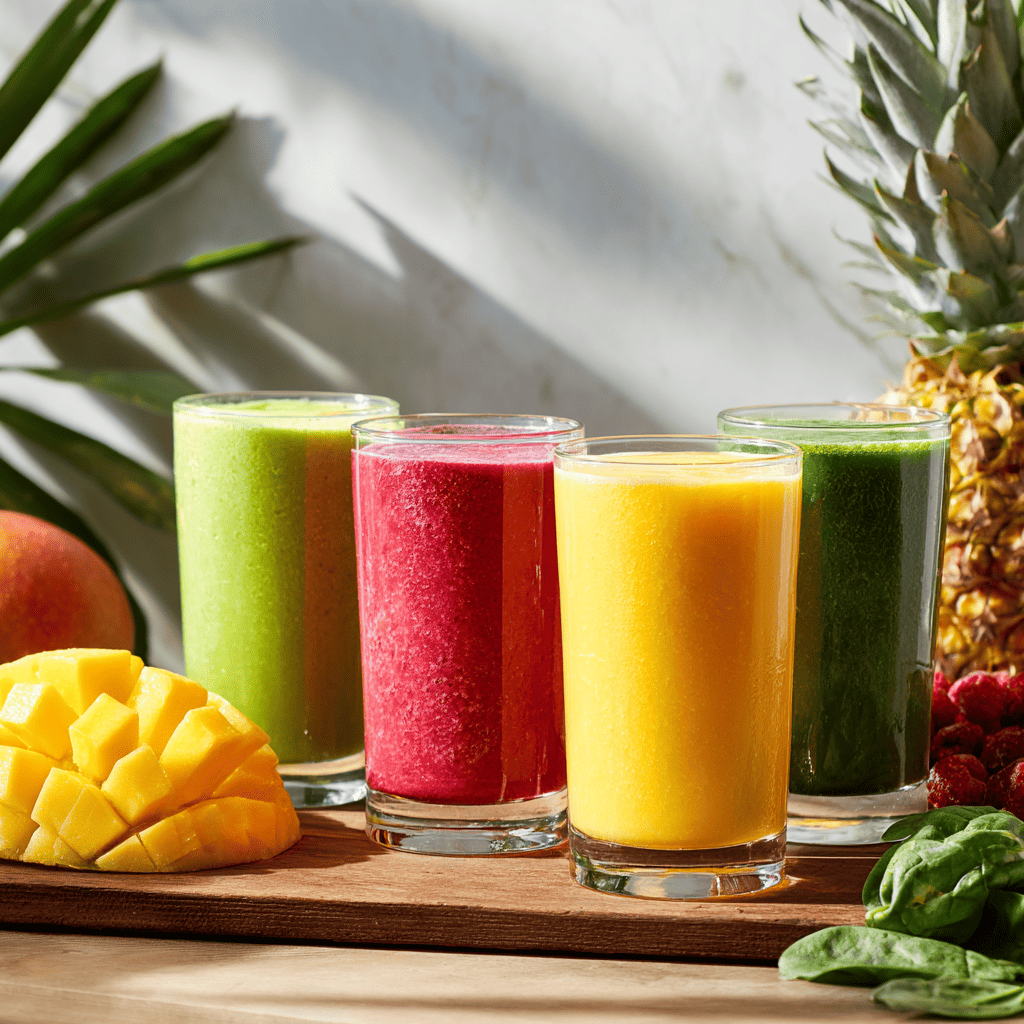 Colorful tropical smoothie menu lineup on kitchen counter