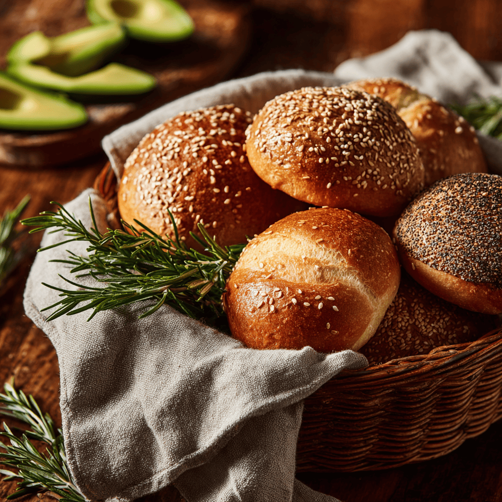 Basket of assorted gluten free buns on rustic table