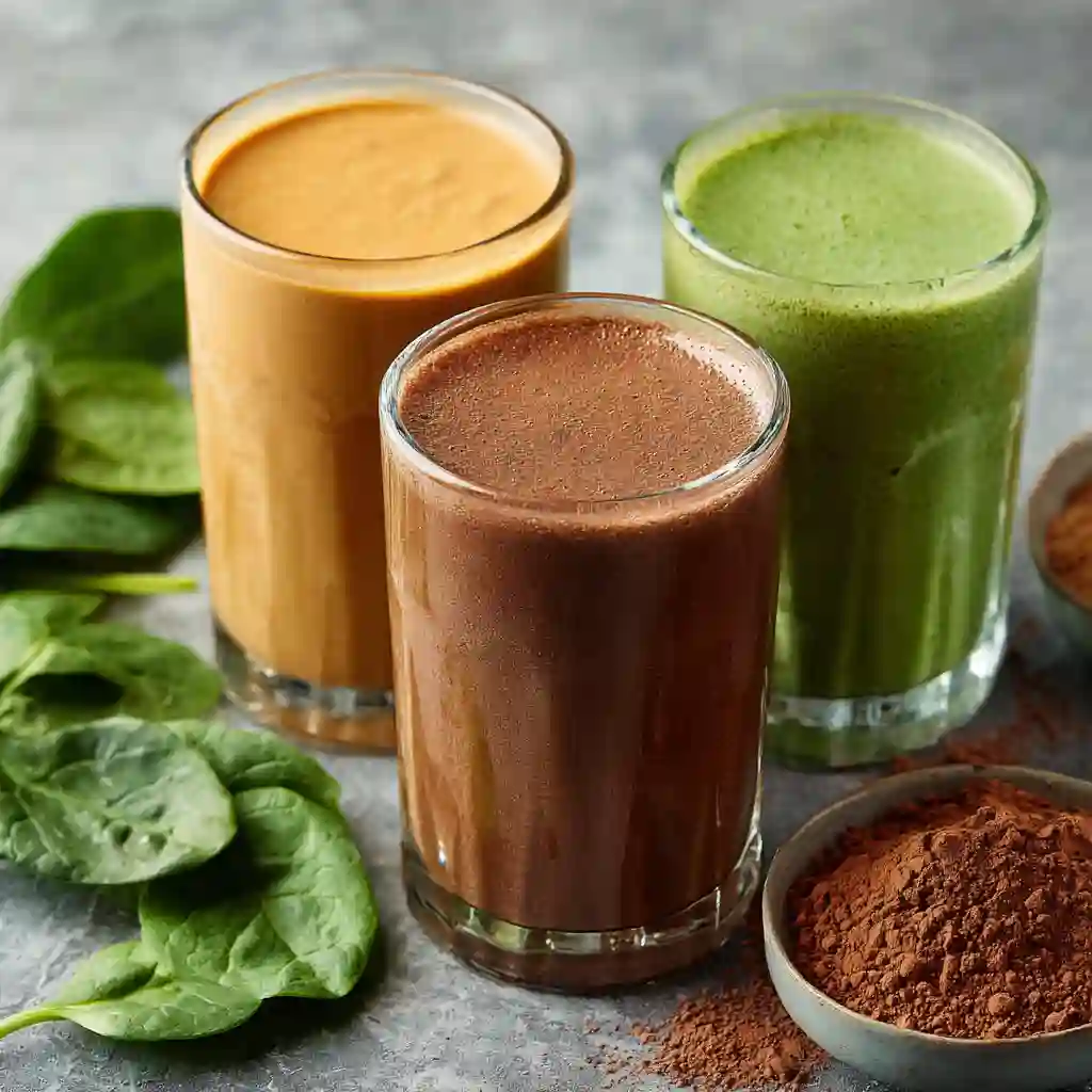 Three healthy smoothie variations, including the Peanut Paradise Tropical Smoothie copycat, a chocolate version, and a green smoothie with spinach.