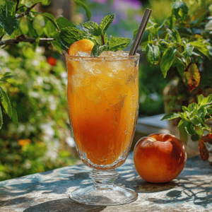 Peach Juice Magic : Pure, Nourishing, and Made with Love 3 Chilled peach juice served with ice and mint
