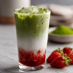 Flat lay of Strawberry Matcha Latte with labeled ingredients on white background