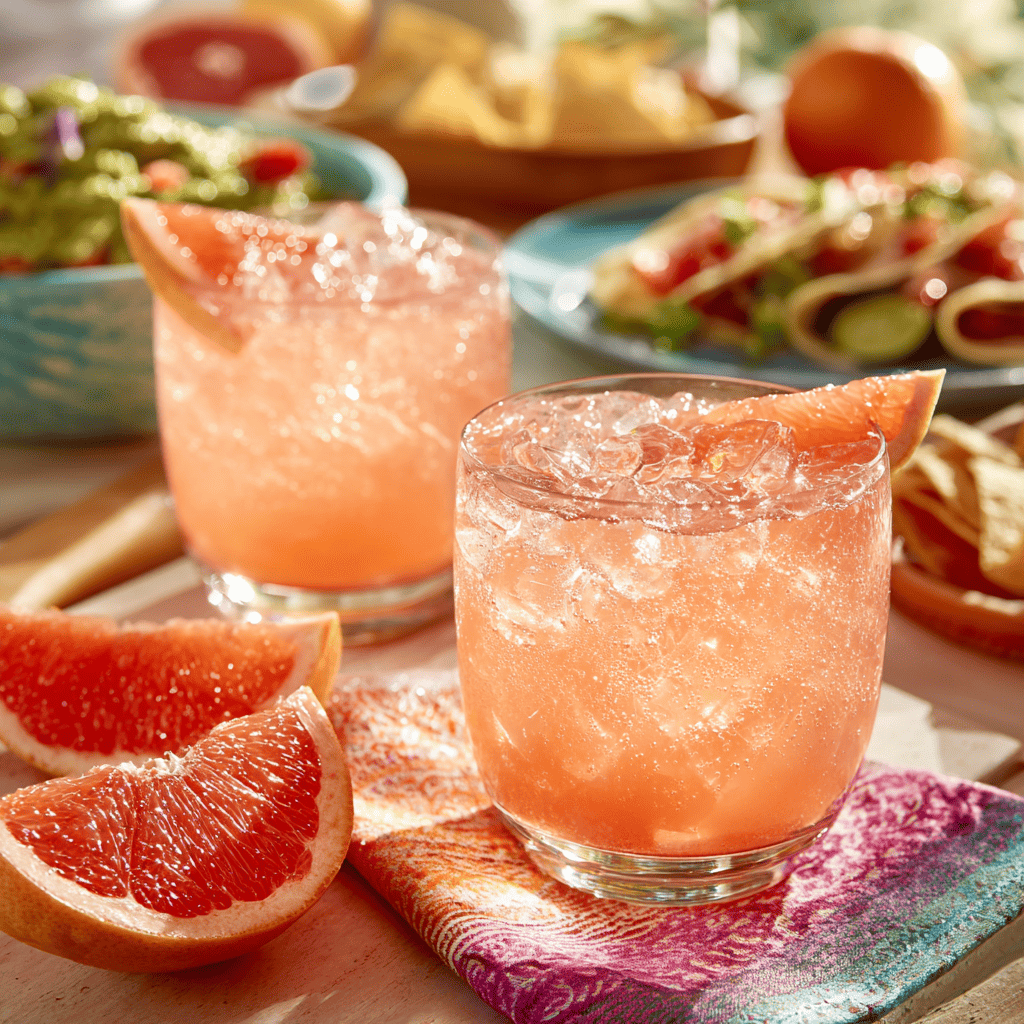 Grapefruit soda served with tacos and fresh snacks