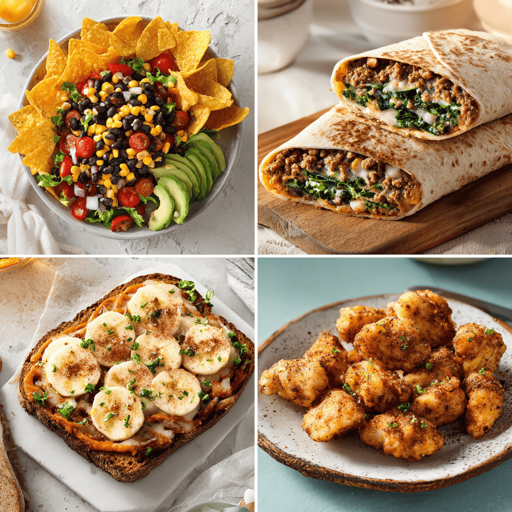 Collage of gluten free fast food ideas including taco bowls, breakfast wraps, sweet potato toast, and chicken bites