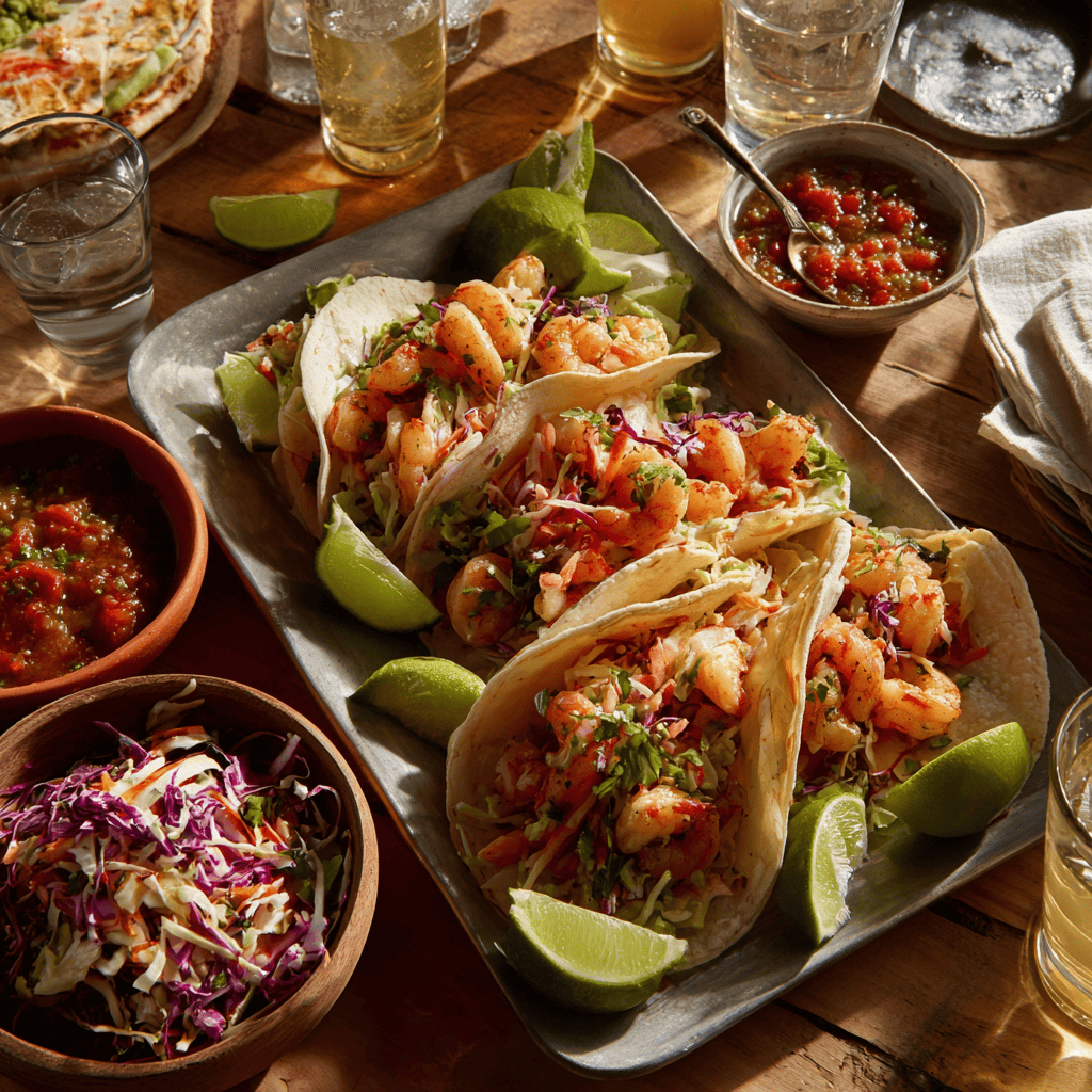 Baja Shrimp Tacos served family-style with sides