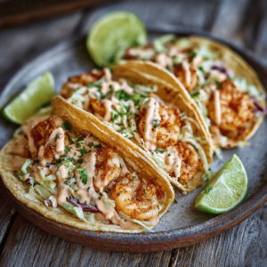 Baja Shrimp Tacos with creamy sauce and slaw on a rustic plate