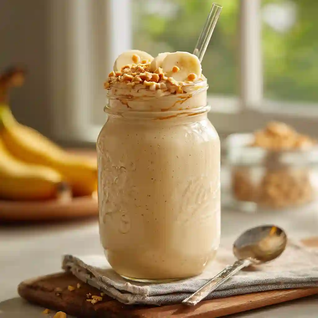 Served peanut paradise tropical smoothie in mason jar with banana and peanut topping