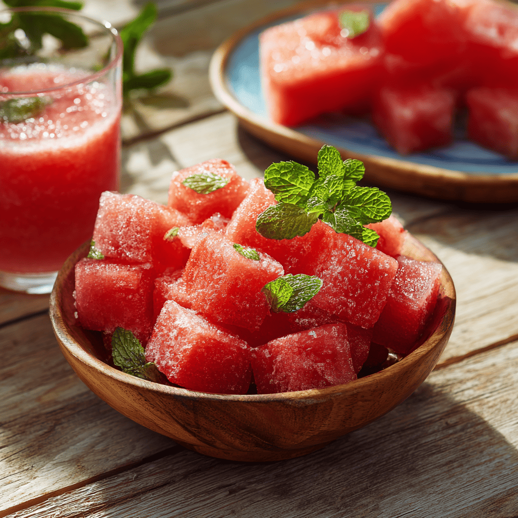 A wooden bowl filled with frozen watermelon cubes garnished with fresh mint leaves, placed on a rustic wooden table. In the background, there is a plate with more watermelon cubes and a glass of watermelon juice.