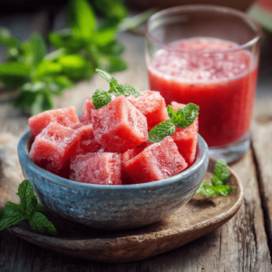 A bowl of frozen watermelon cubes garnished with mint, showing the answer to can you freeze watermelon.