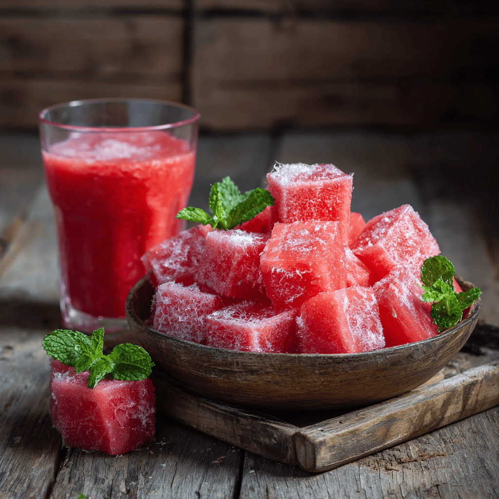 A bowl of frozen watermelon cubes garnished with fresh mint leaves, with a glass of watermelon juice in the background on a rustic wooden table.