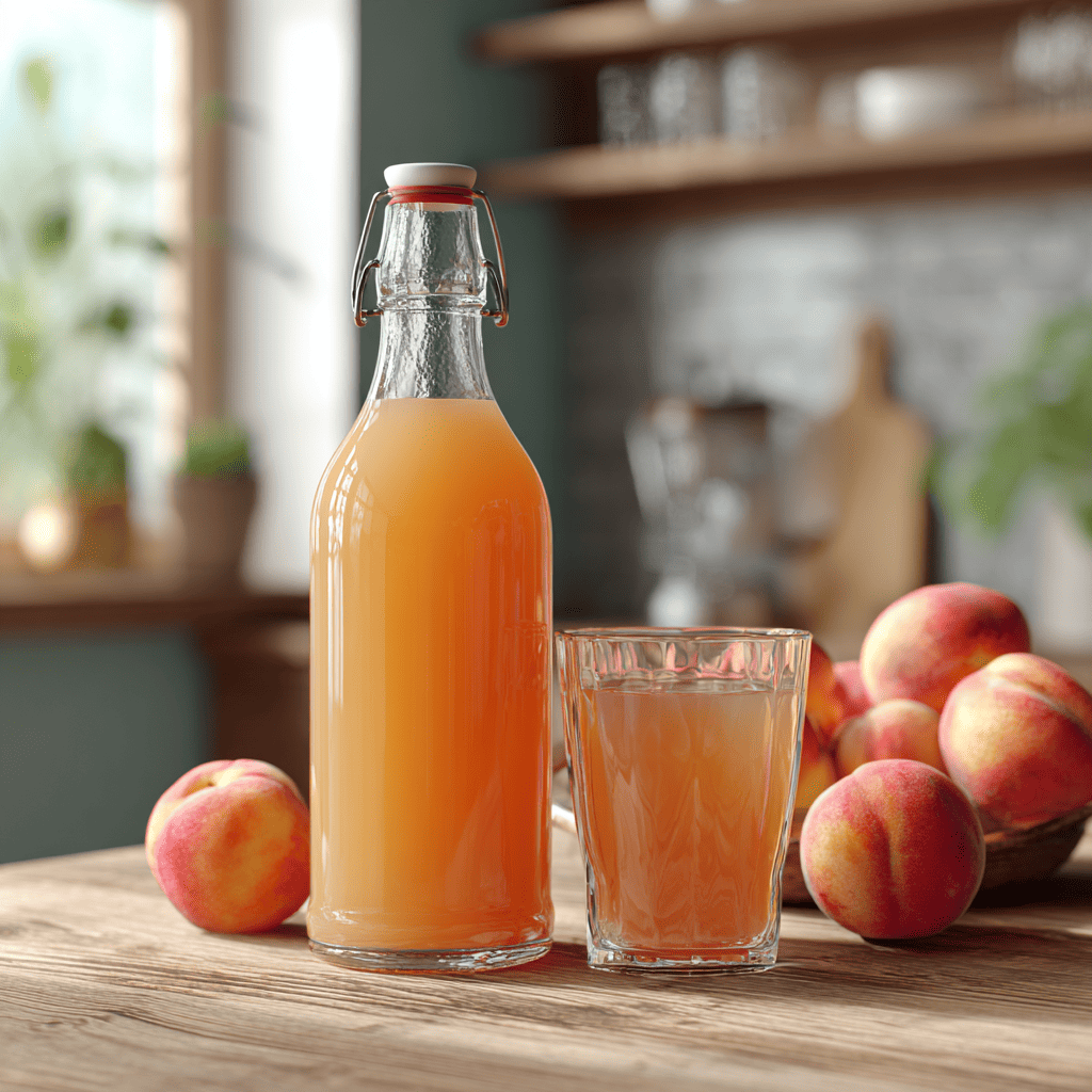 Bottled peach juice next to serving glass and peaches