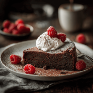 Slice of gluten allergy flourless chocolate cake with whipped cream and strawberries