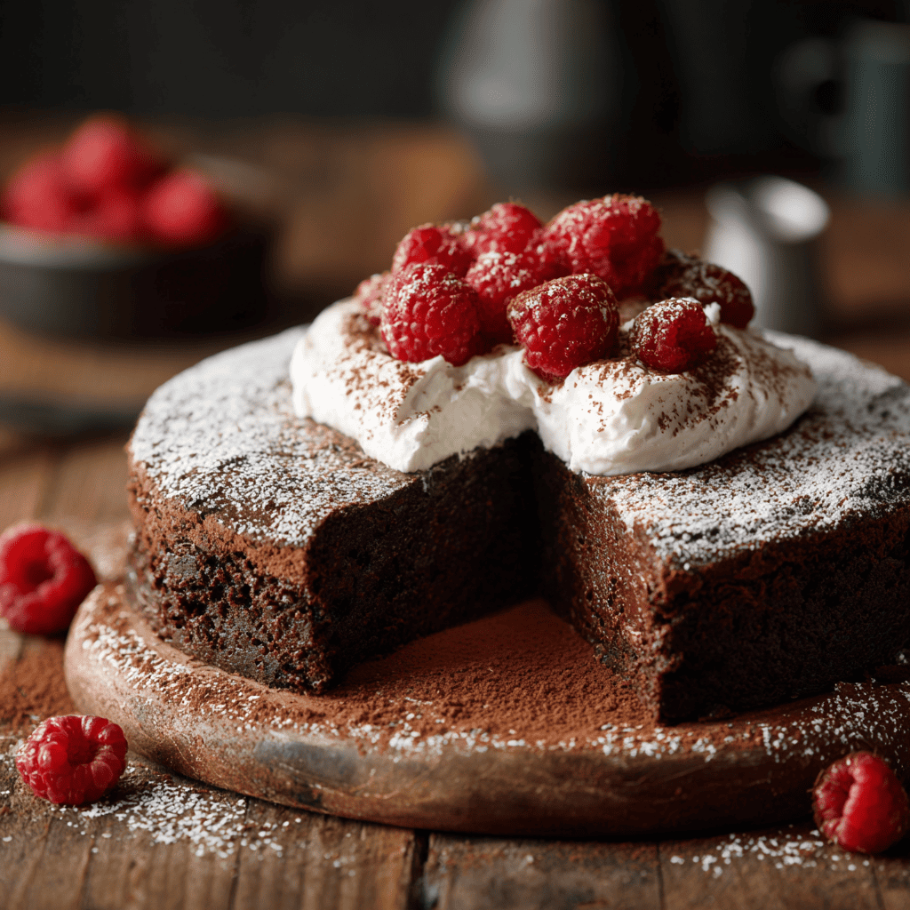 Gluten allergy flourless chocolate cake on a wooden table with raspberries