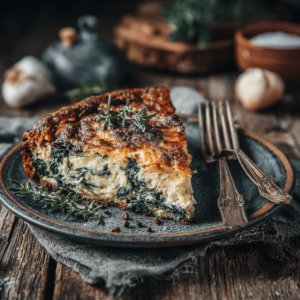 Slice of Cottage Cheese and Spinach Crustless Quiche served with herbs on rustic plate
