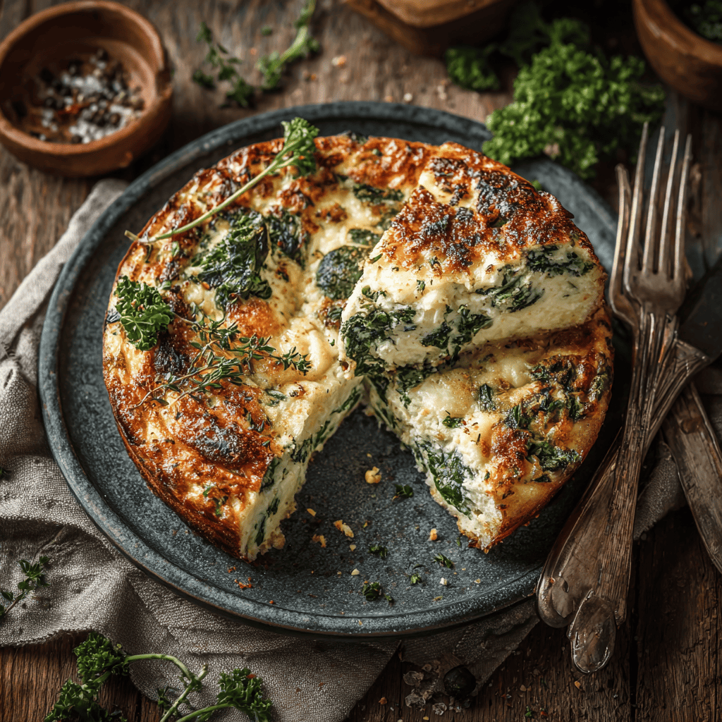 Whole Cottage Cheese and Spinach Crustless Quiche with golden crust and fresh herbs