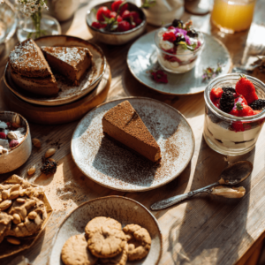 A selection of gluten-free desserts arranged on a wooden table in natural daylight, featuring a slice of chocolate cake dusted with cocoa, crunchy cookies, a berry and yogurt parfait in a jar, and several bowls of fresh fruits and nuts.