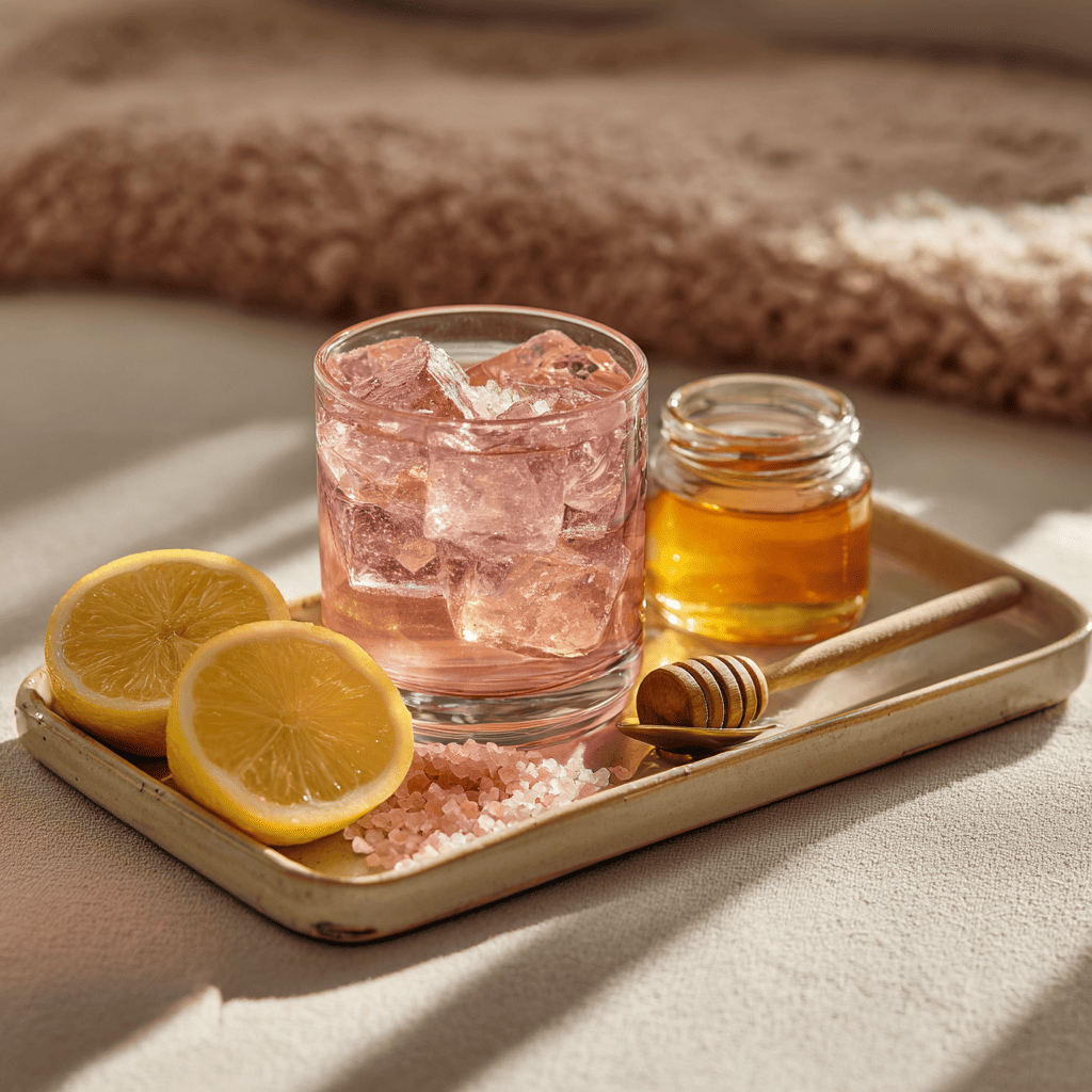 Glass of refreshing pink salt recipe drink with lemon, honey and ice cubes on a tray