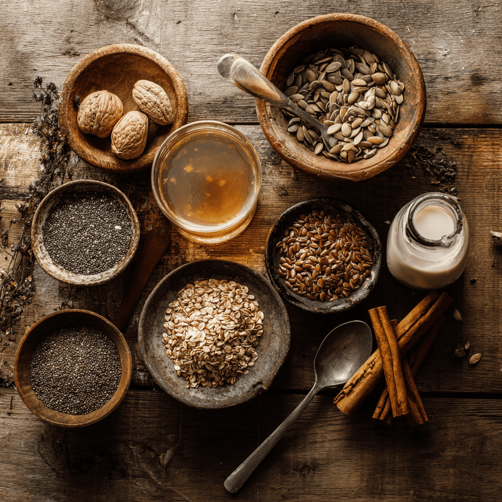 Natural ingredients for a bariatric seed ritual recipe arranged on a rustic wooden table, including seeds, nuts, plant-based milk