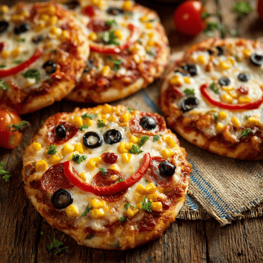 Smiley face kiddies pizza with cheese, olives, corn, and mini pepperoni
