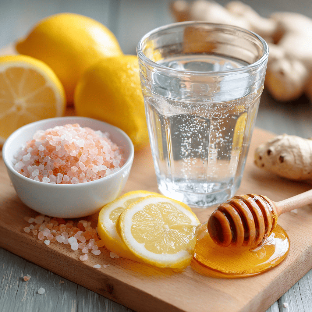 Pink Salt Recipe for Weight Loss: Simple Morning Ritual 4 Ingredients for pink salt recipe including water, pink Himalayan salt, lemon, honey, and ginger