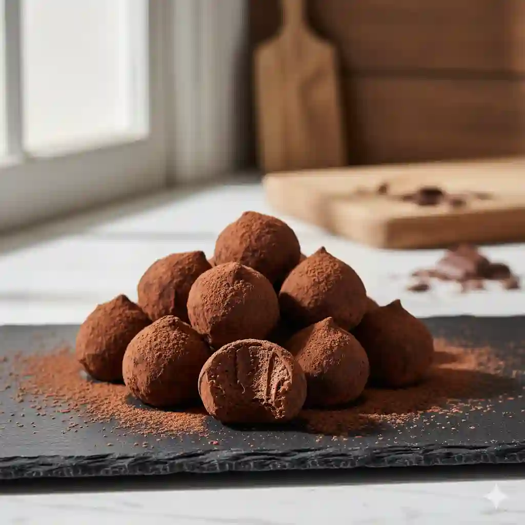 A pile of decadent gluten free chocolate truffles recipe dusted with cocoa powder, with one truffle showing its creamy ganache interior.